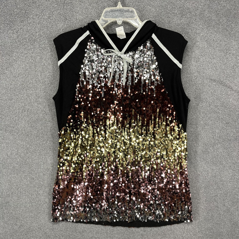 Awish Come‎ True Talk Too Much Hoodie Womens Medium Sequin Dance Top Silver Gold